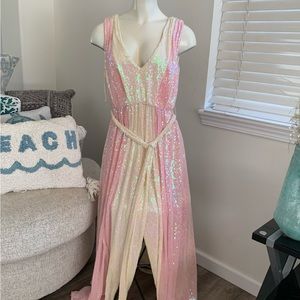 BADGLEY MISCHKA Pink Multi Two Tone Sequin Tie Waist Gown